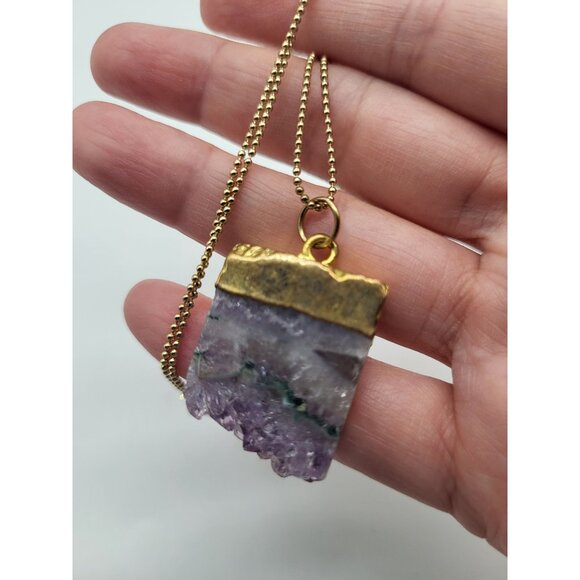 Druzy Amethyst Geode Pendant Long Necklace Purple Gold Tone - Picture 7 of 7